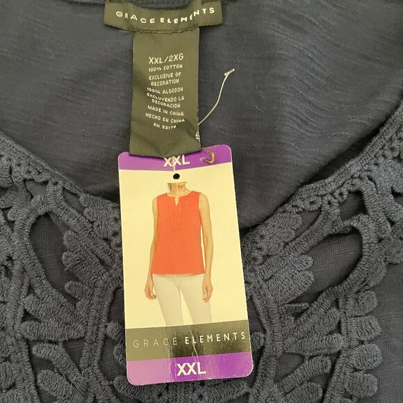 Grace Elements Plus XXL Navy Applique Detail Split Neck Cotton Sleeveless Top - Picture 6 of 6